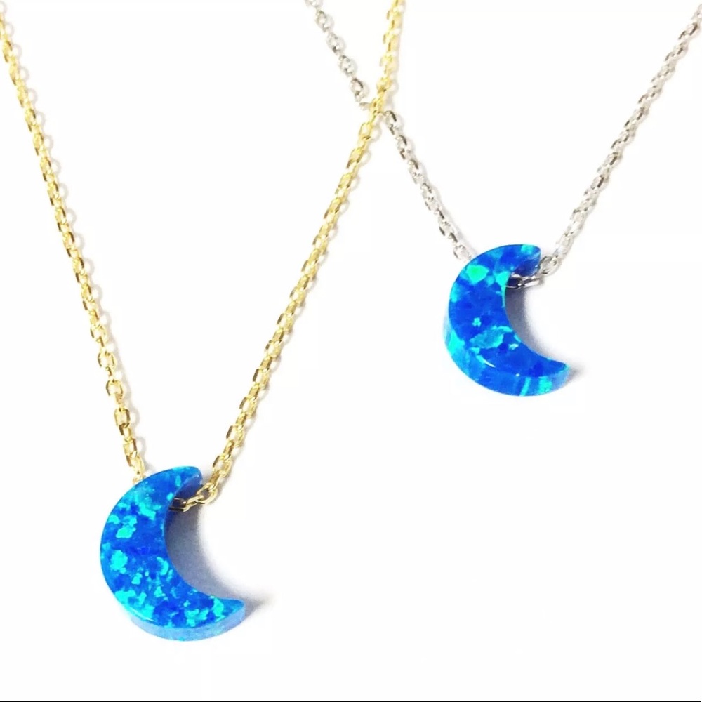 Sterling Silver BLUE OPAL CRESCENT MOON NECKLACE